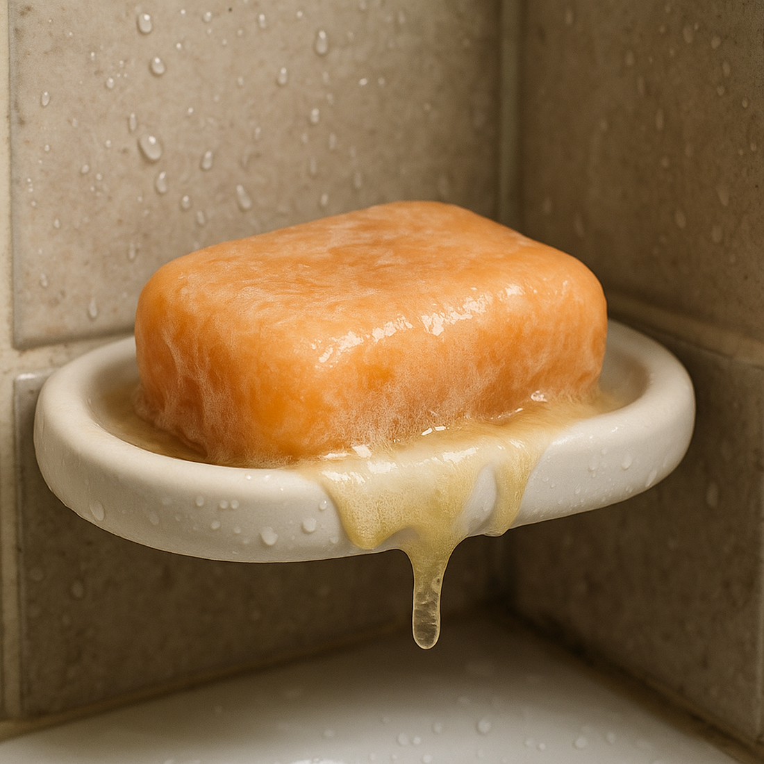 A closeup of a messy shampoo bar