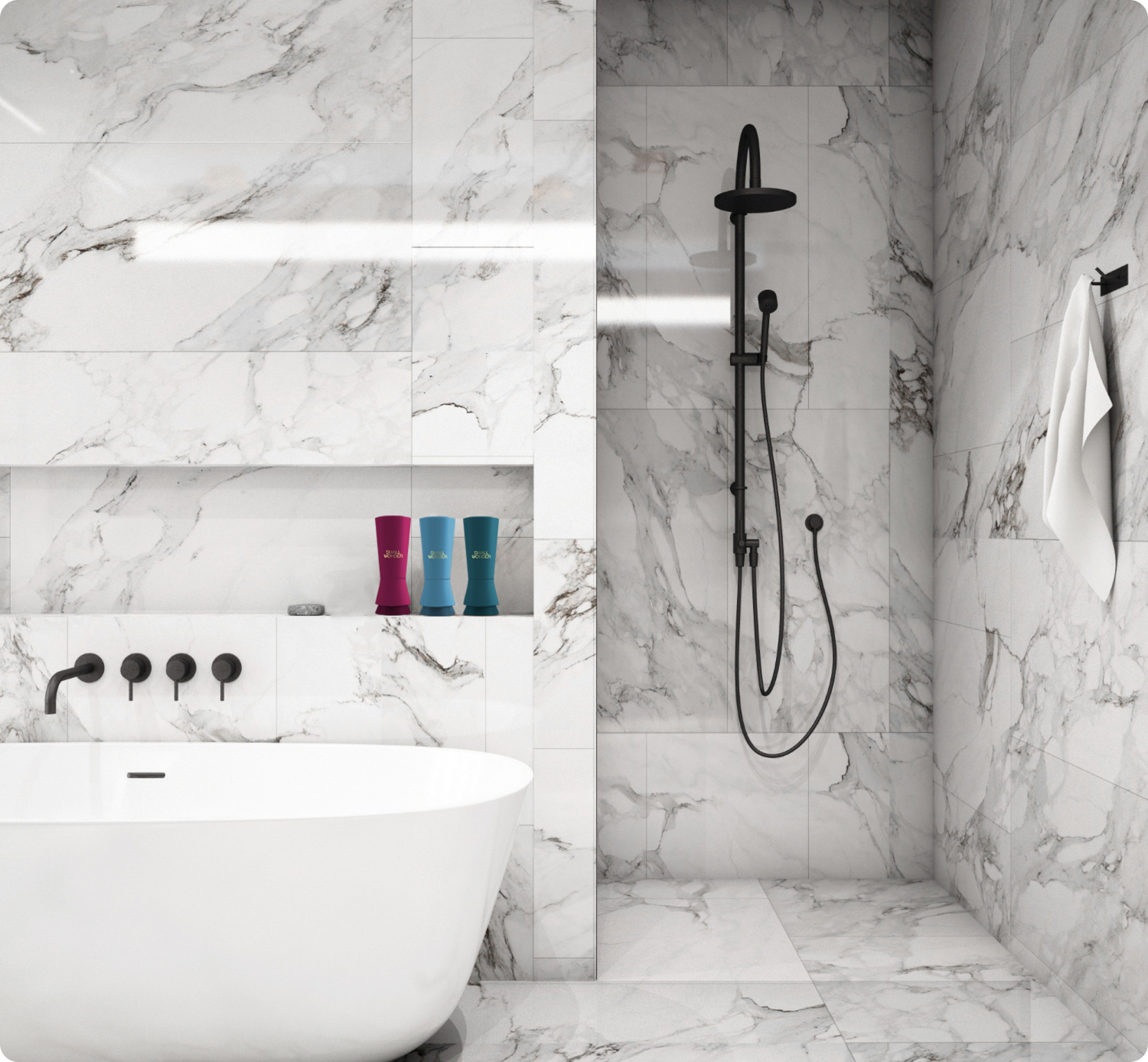 Aesthetic marble bathroom with Small Wonder products on a shelf