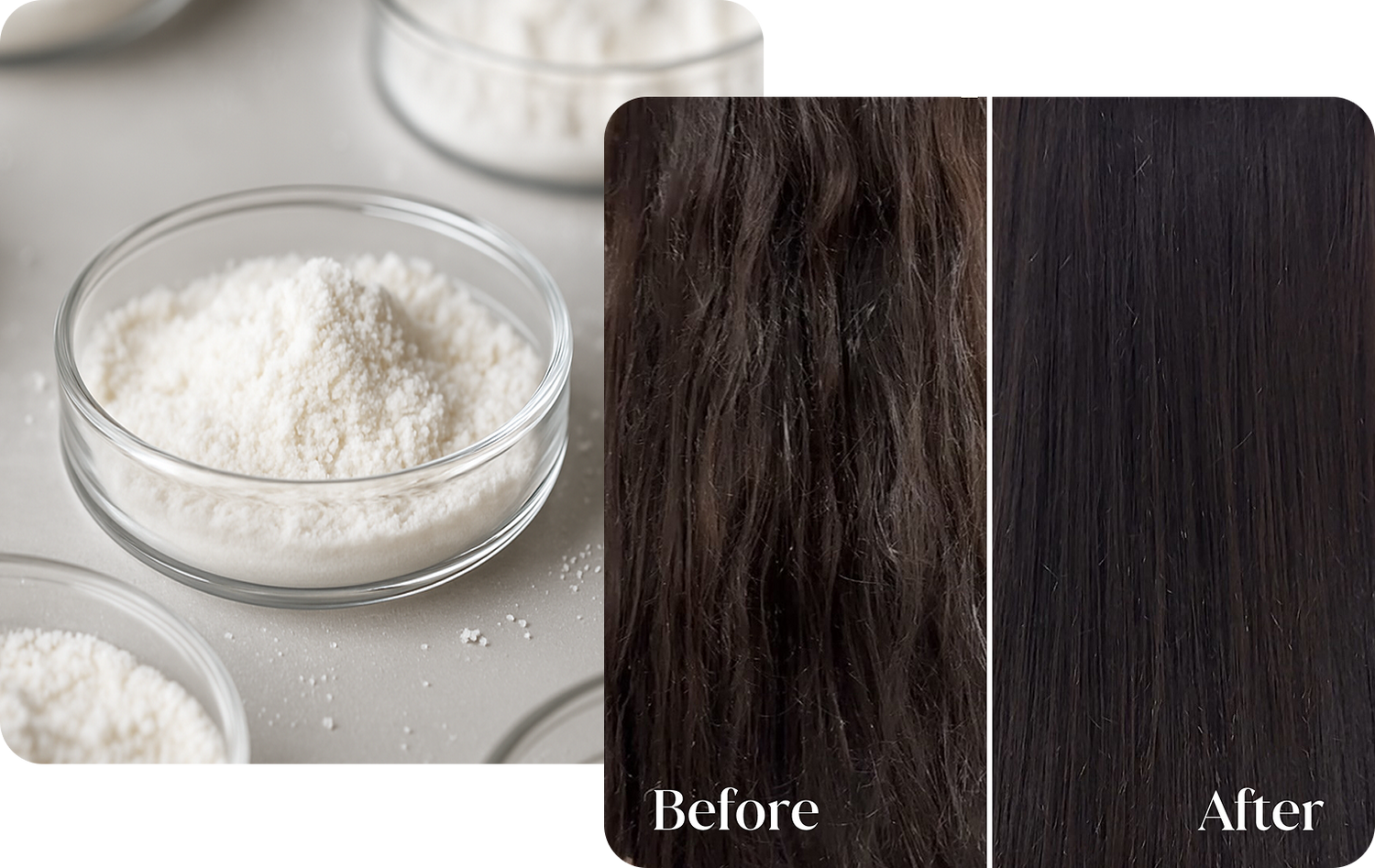 White powder next to a comparison of frizzy vs sleek and shiny hair labeled "before" and "after"