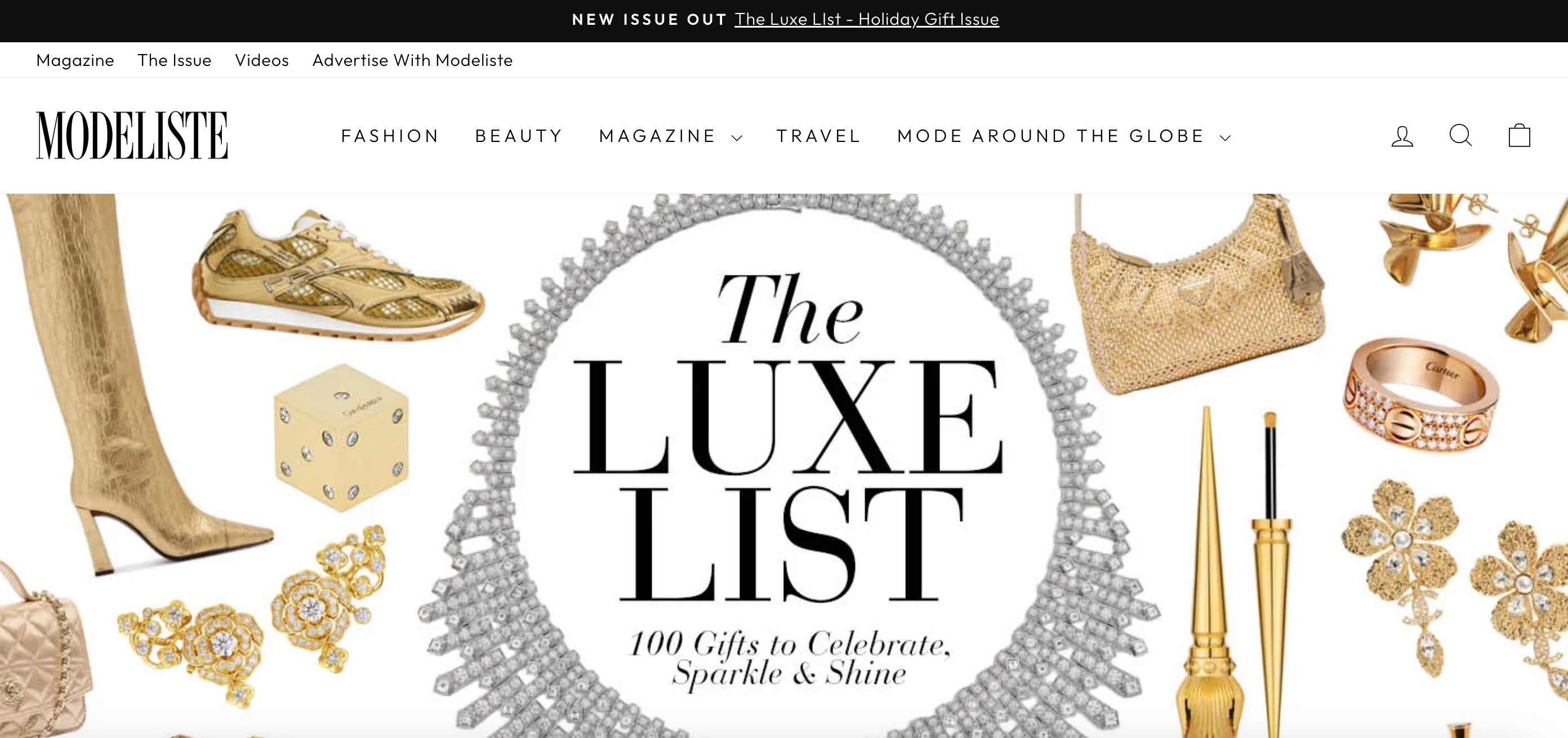 Modeliste magazine cover with 'The Luxe List' theme featuring gold and silver items.