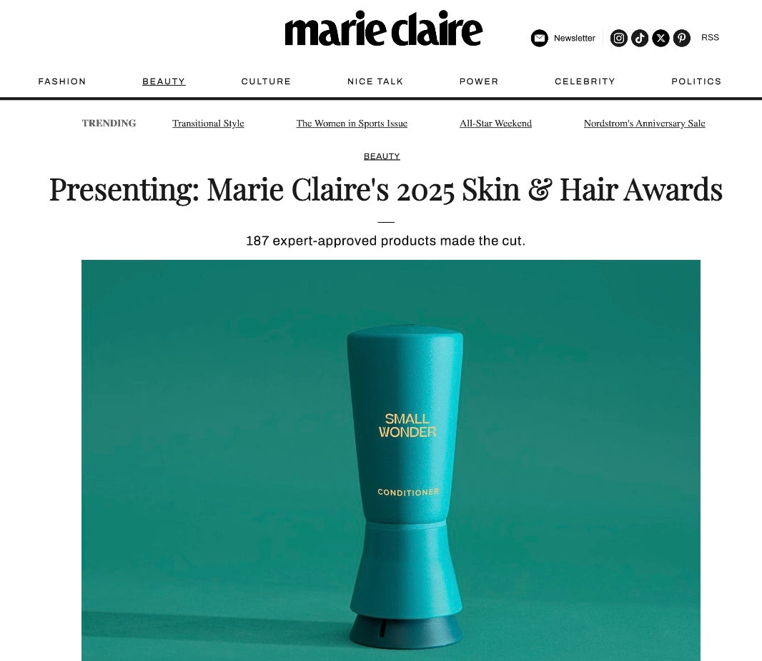 Marie Claire article about 2025 Skin & Hair Awards featuring teal Small Wonder Conditioner bottle