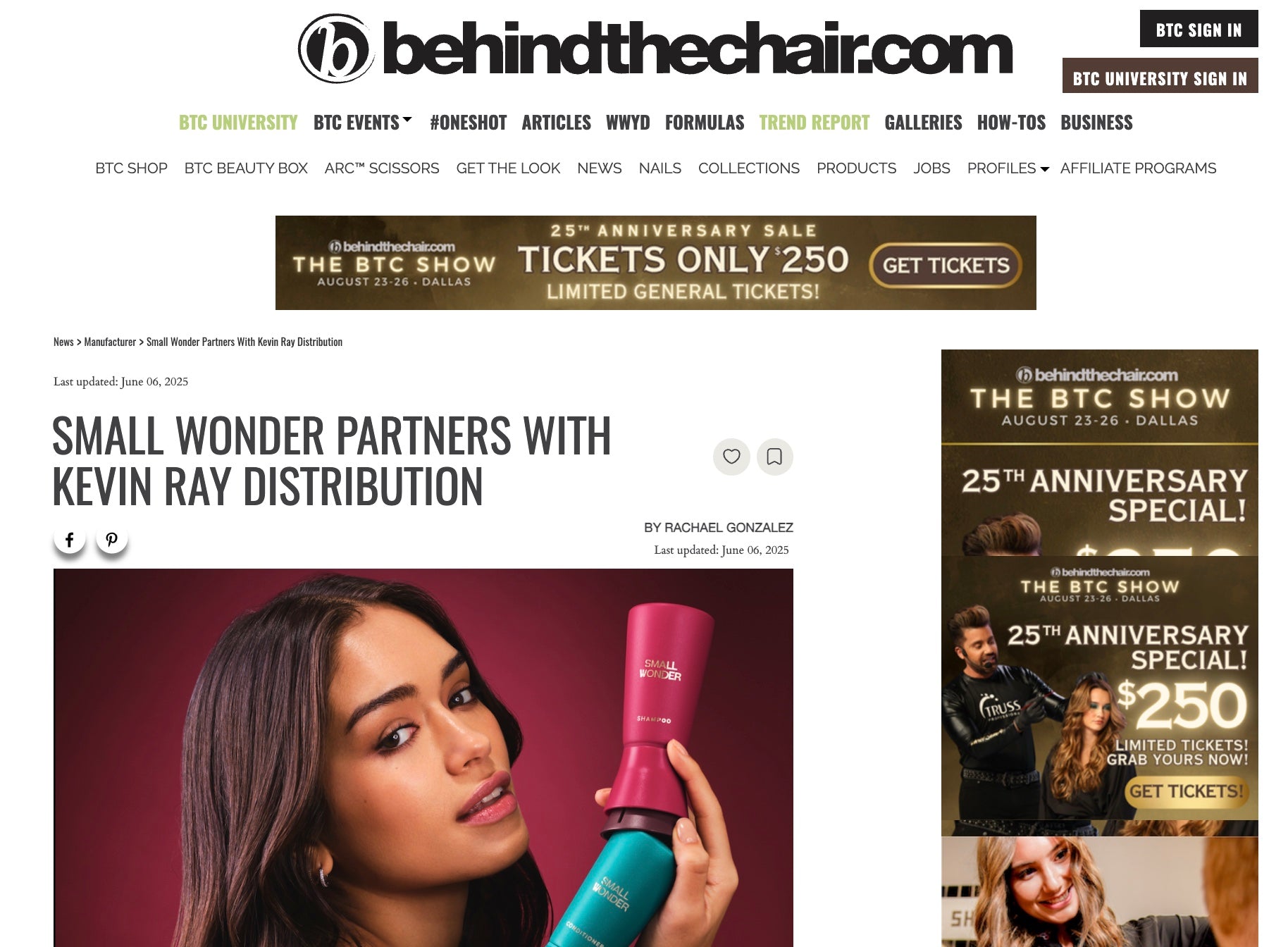 Behind The Chair article with headline: "Small wonder Partners With Kevin Ray Distribution"