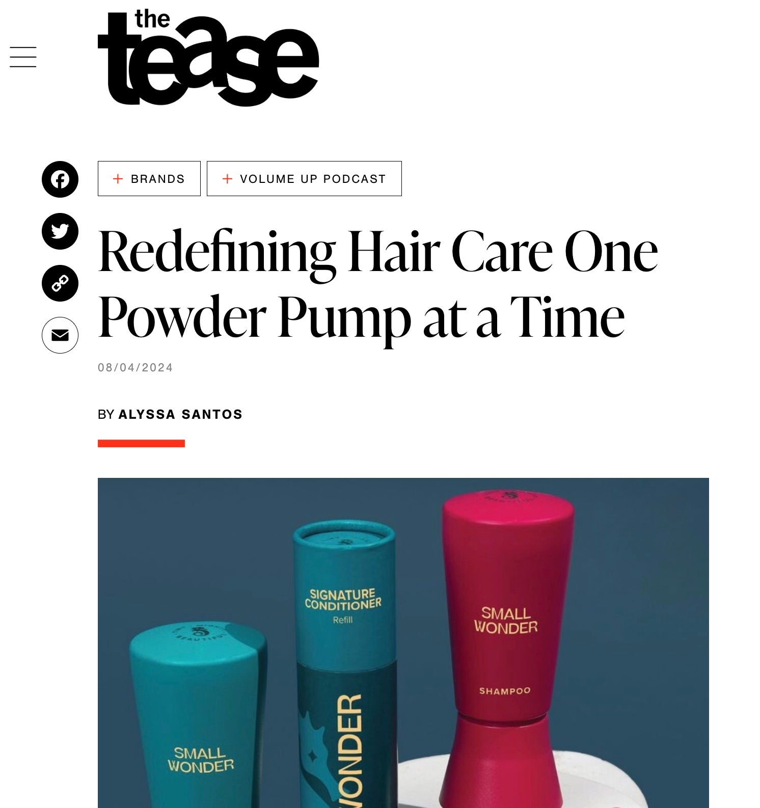 The Tease article with headline: "Redefining Hair Care One Powder Pump at a Time"