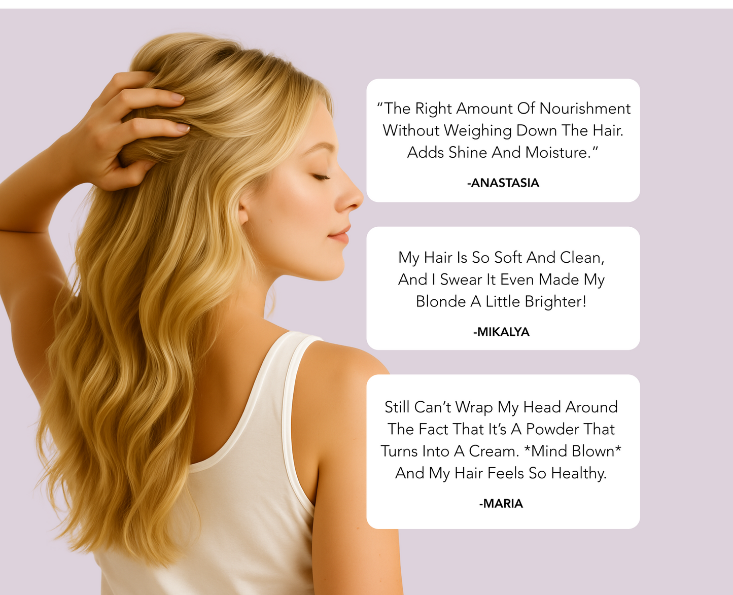 Woman with blonde hair against a light purple background with positive product reviews.