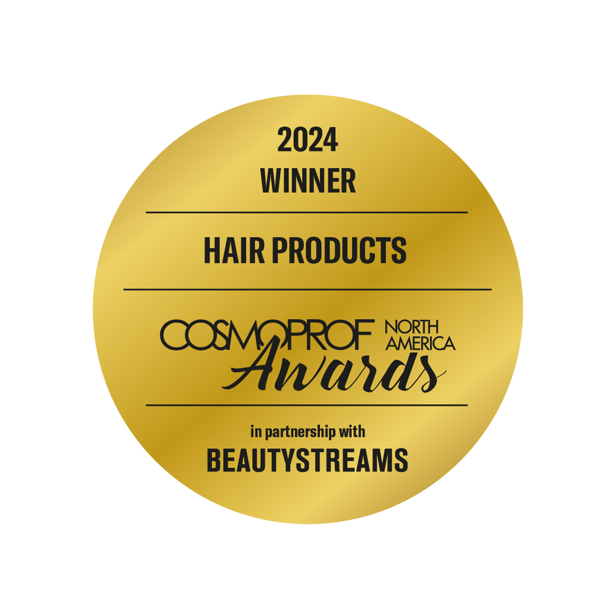Gold badge logo for 2024 winner for hair products at the CosmoProf North America Awards