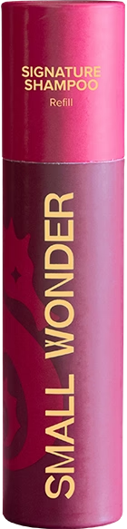 A red Small Wonder Shampoo refill tube