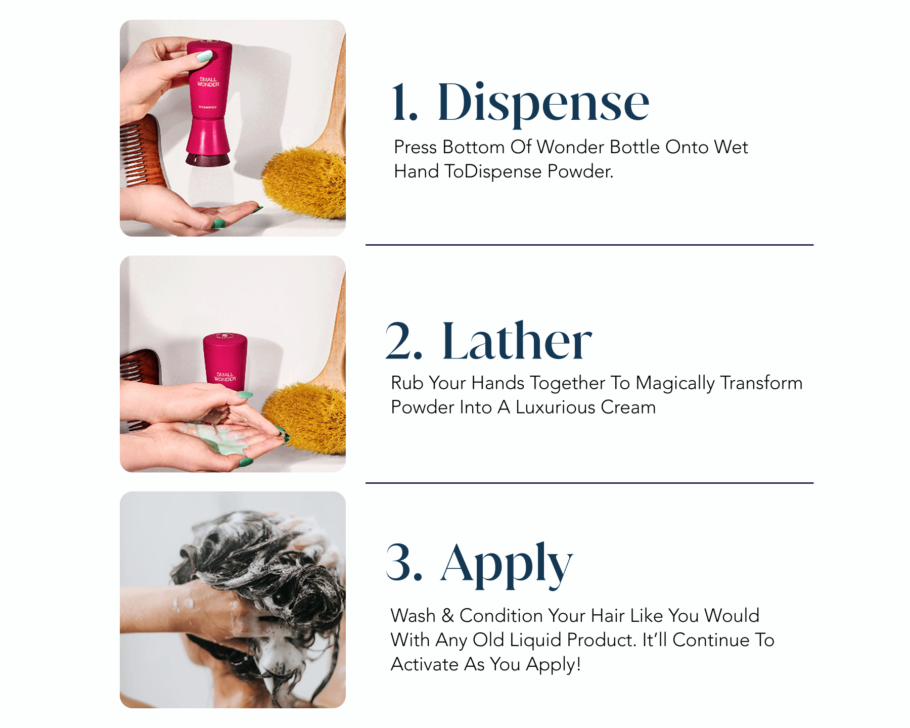 Instructions for using Small Wonder Shampoo with images of hands dispensing & applying the product.