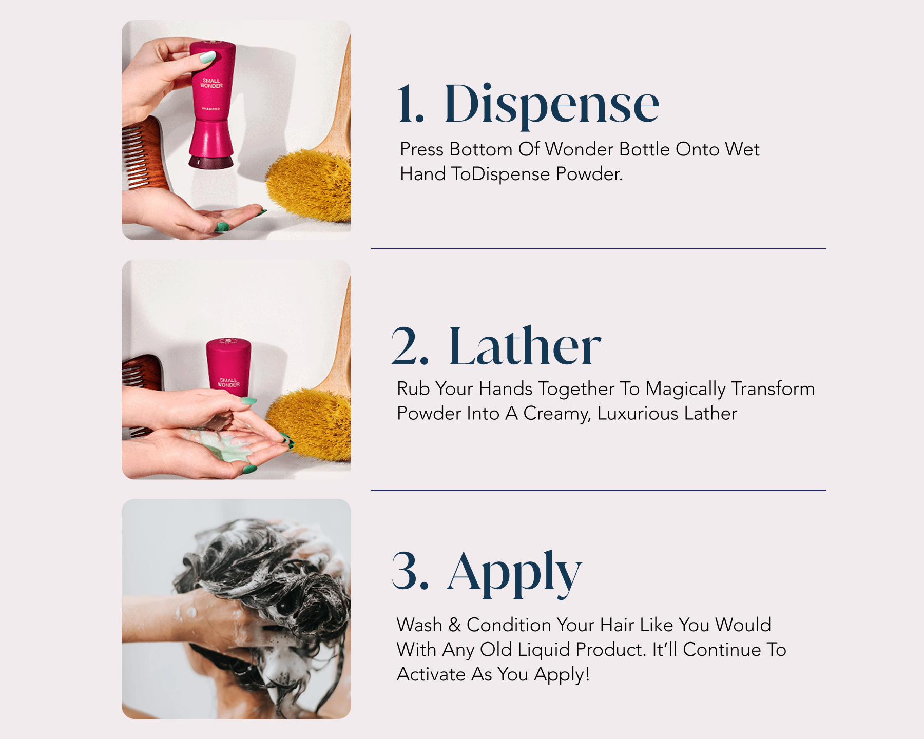 Instructions for using Small Wonder Shampoo with images of hands dispensing & applying the product.