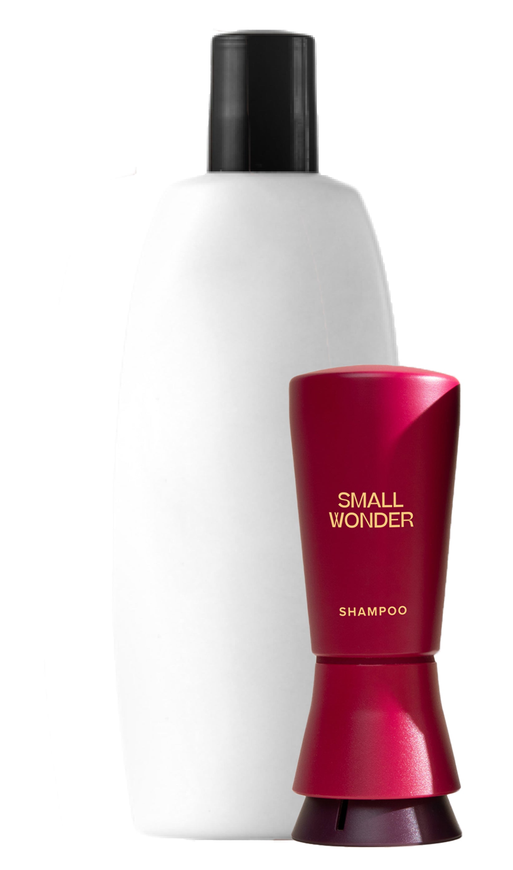 Red Small Wonder Shampoo bottle next to large white unlabeled bottle