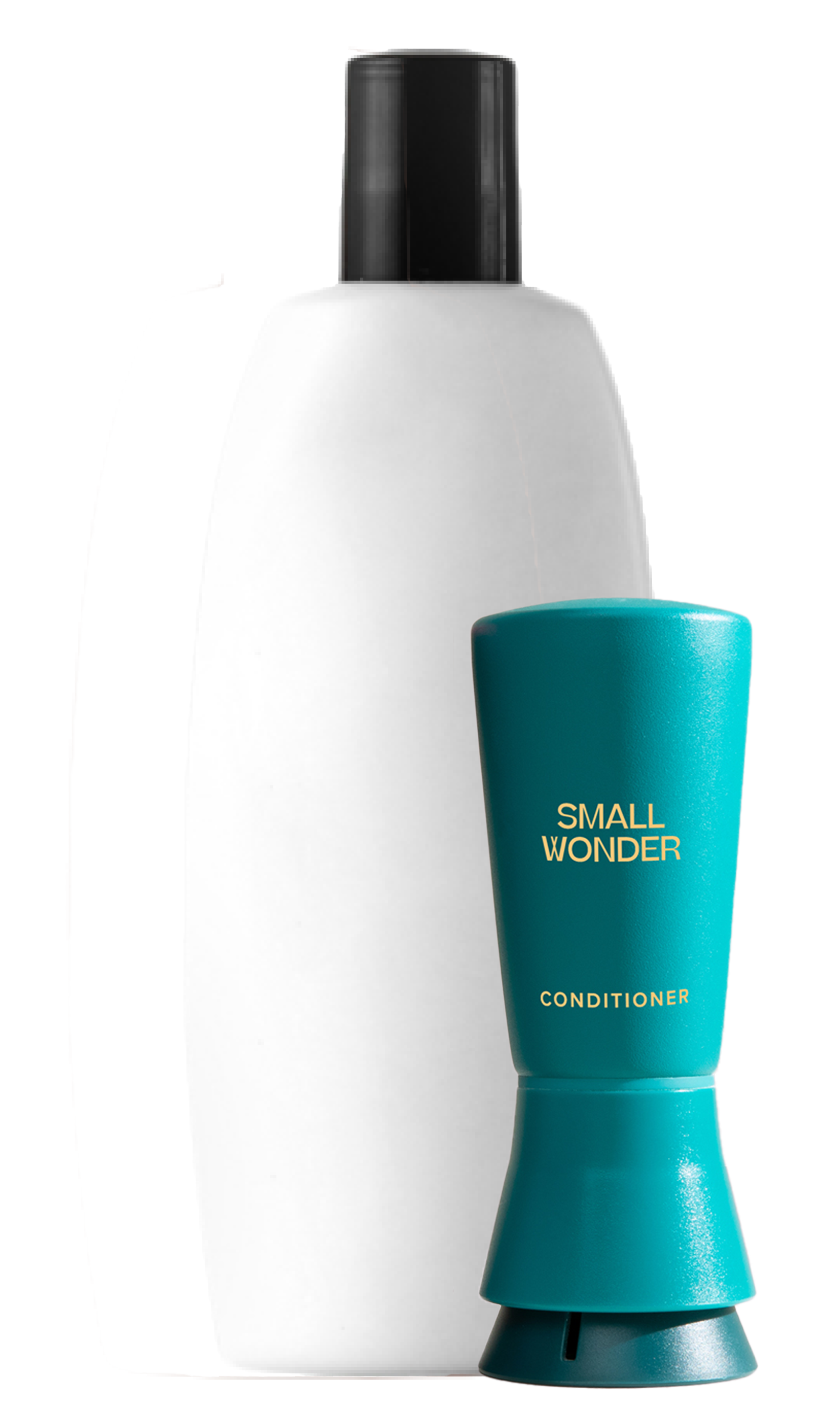 Teal Small Wonder Conditioner bottle next to large white unlabeled bottle
