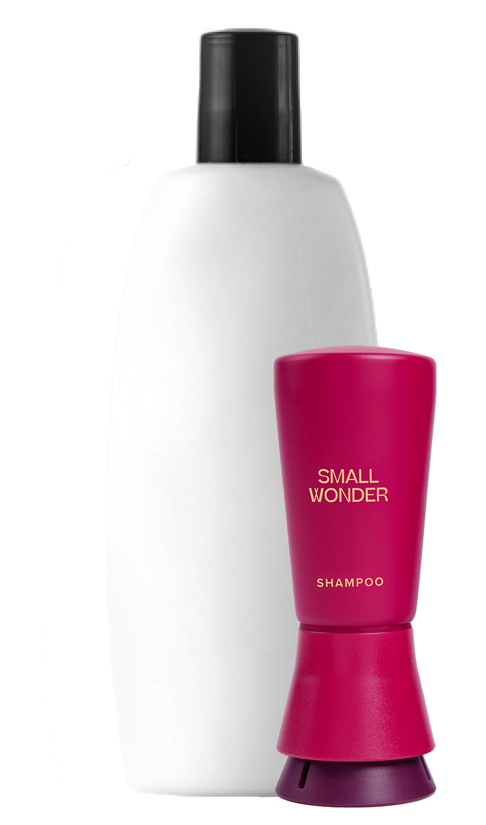 White shampoo bottle with a pink pump labeled 'Small Wonder Shampoo' on a white background
