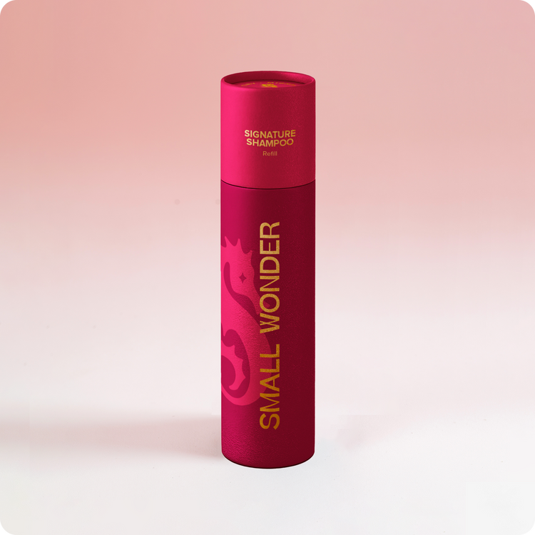 Red Small Wonder Signature Shampoo refill bottle