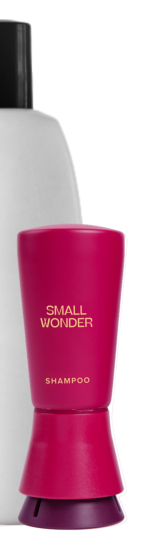 Pink shampoo pump bottle with 'Small Wonder' branding.
