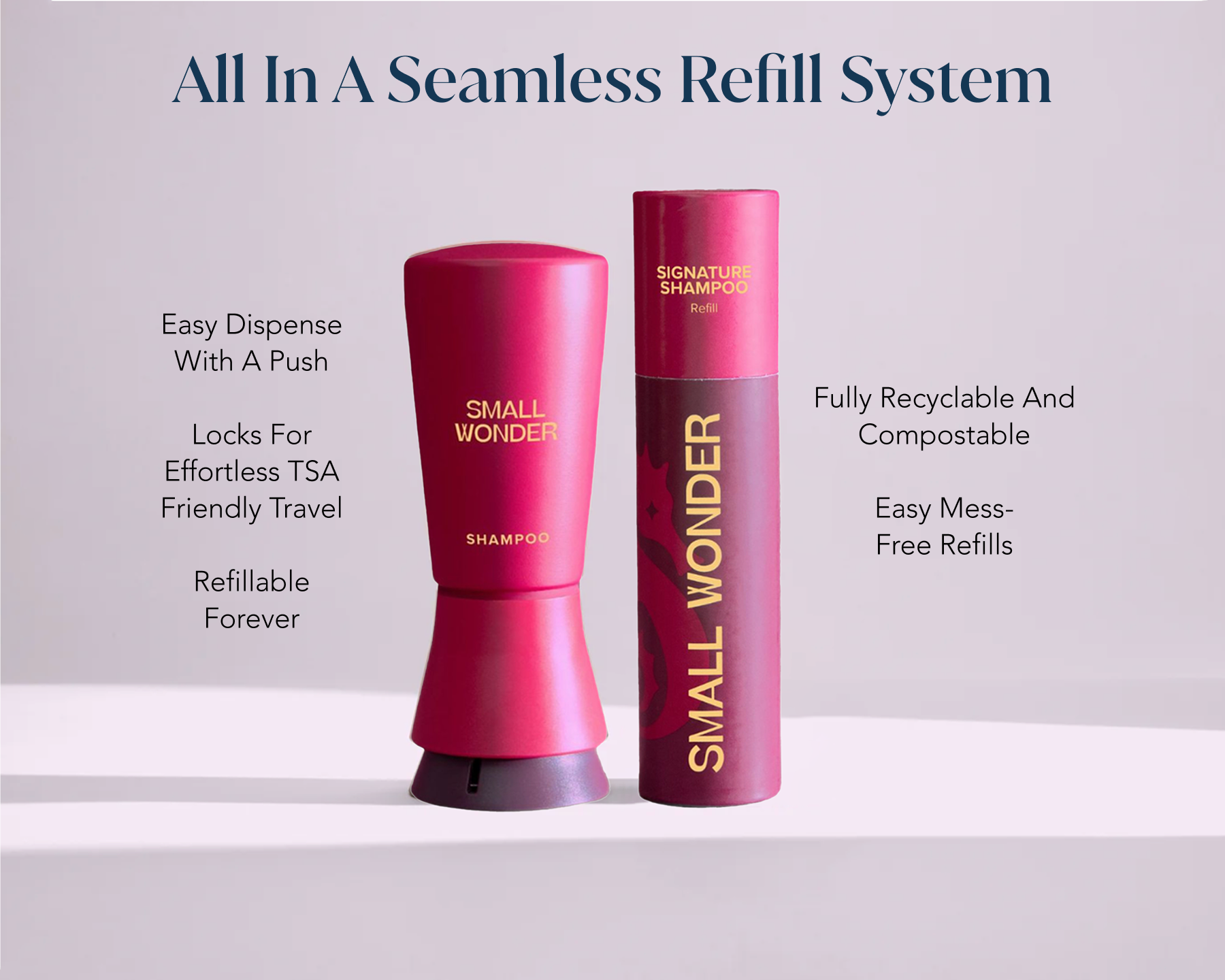 Red Small Wonder Shampoo Bottle & refill tube with product features listed, such as seamless refills